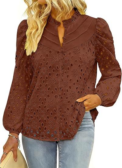 BETTE BOUTIK Women's Long Short Sleeve Tops 2025 Dressy Casual Button Hollow Out Lace Embroidered Blouses Shirts Size L