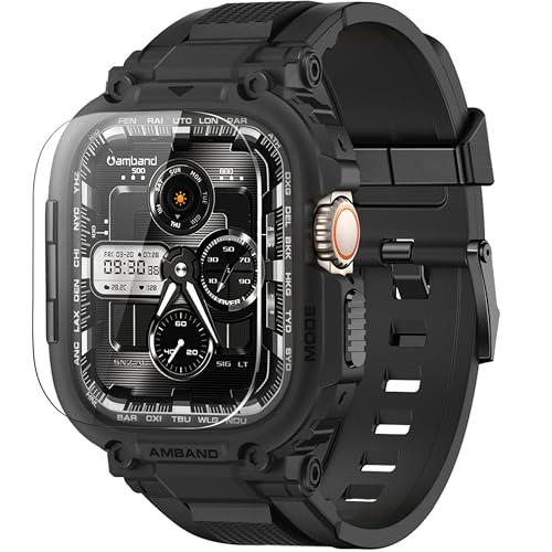 amBand Bands Case Screen Protector Compatible with Apple Watch Ultra 3/2/1 49mm for Men, M1 Sport Series Rugged Cover Strap and 9H Tempered Glass, Military Protective Bumper for iWatch 49 mm Men Black