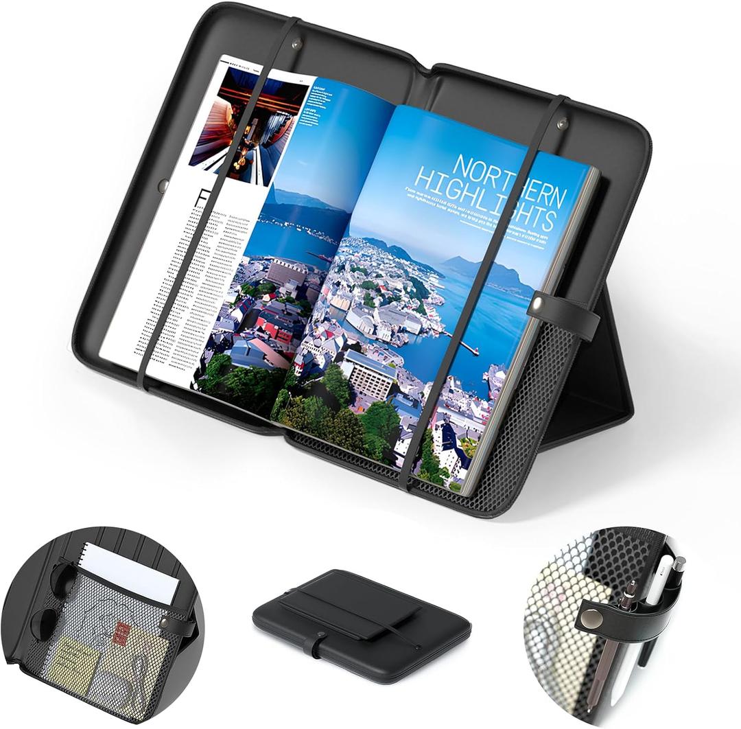 KDD 3 in 1 Book Holder Stand for Reading, Portable Desktop Bookstand with Mesh Storage Bag, 3 Pen Slots & Adjustable Straps, Lightweight Book Sleeve Fits Tablets, E-Readers, Cookbooks & Sheet Music