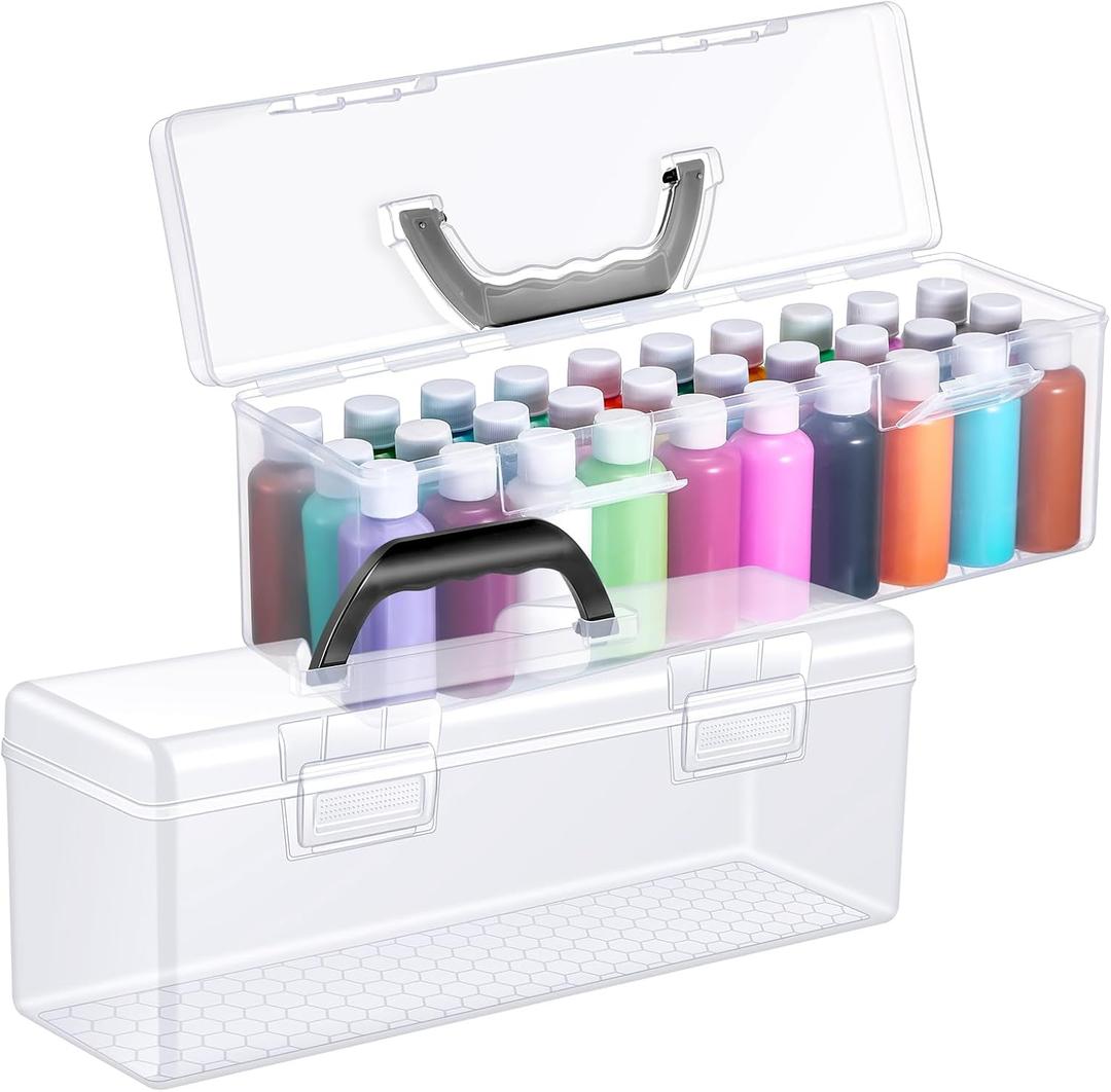 2 Pcs Paint Storage Box for 2 Fl. oz Acrylic Paints, Acrylic Portable Craft art Organizer with Handle, 30 Bottles Capacity Plastic Art Supply Clear Boxes