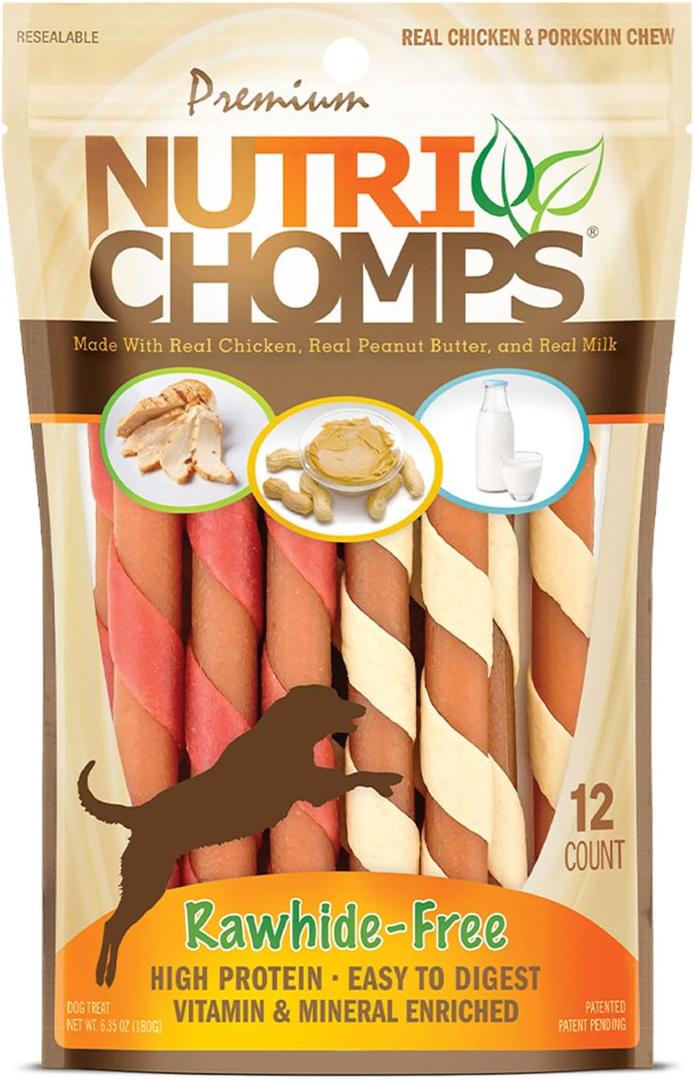2 x NutriChomps Dog Chews, 5-inch Twists, Easy to Digest, Rawhide-Free Dog Treats, 12 Count, Real Chicken, Peanut Butter and Milk flavors (EXP 05/17/27)