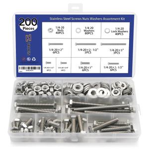 200PCS Nuts and Bolts 1/4-20 x 1/2, 3/4, 1, 1-1/2, 2, 2-1/2, 3 Carbon Steel Hex Bolts and Nuts Assortment Kit Hardware Screws Set (7 Different Sizes)