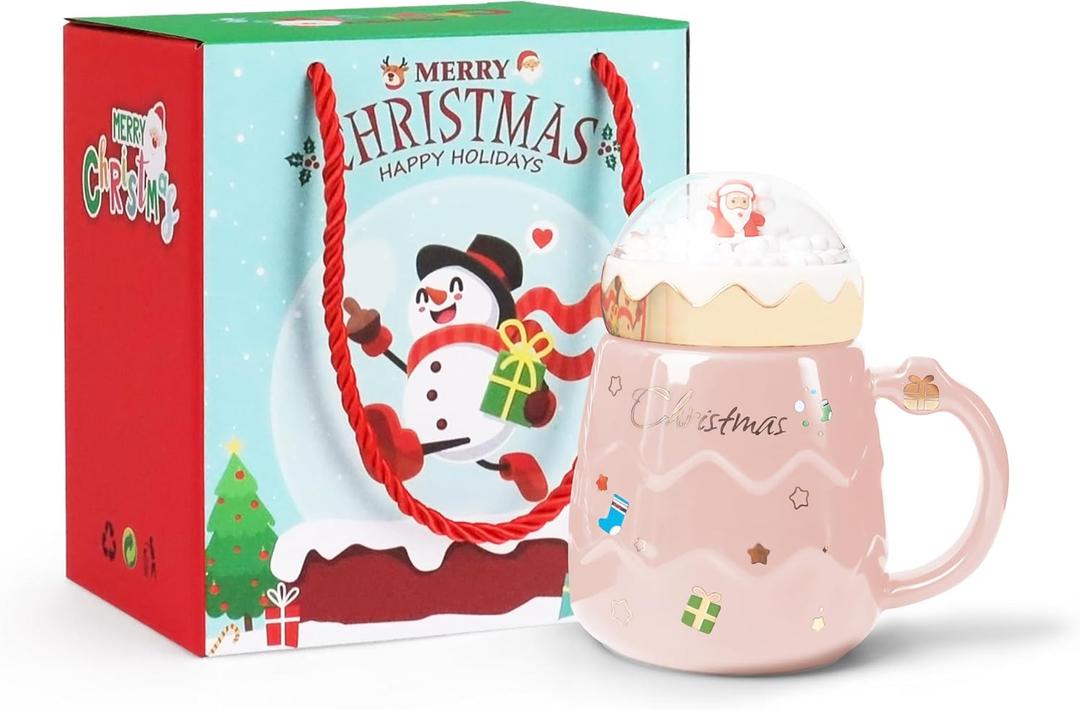 PARSUP Christmas Mug, Cute Ceramic Tea mugs with Santa Lid, Novelty Cup for Milk, Coffee, Hot Chocolate, Gift for Women, Kids, Colleagues, Family, Friends, 500ML/17.6OZ (Pink)