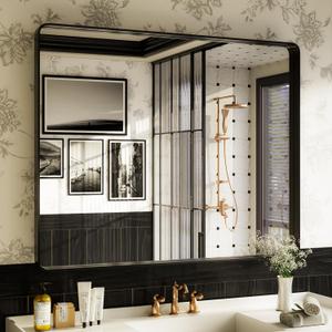 ISKM Black Bathroom Mirror for Wall 48" x 40" Matte Black Framed Vanity Mirror Anti-Rust, Tempered Glass, Rounded Rectangle Mirror(Horizontal/Vertical)