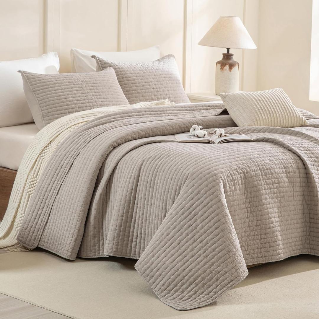 CozyTide Oversized King Bedspread 128x120,Stone-Washed Cotton Linen Colored Lightweight Quilt Set 3Pcs Soft Farmhouse Extra Large King Quilt Coverlet Bedding Set for All Season