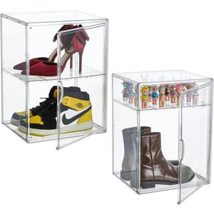XXX-Large Clear Acrylic Display Case Boot Shoe Storage Boxes With An Adjustable Divider,2 Pack 2 Tiers Clear Plastic Stackable Storage Bins With Lids Big Display Acrylic Box With Magnetic Door (XXL-2-pcs)