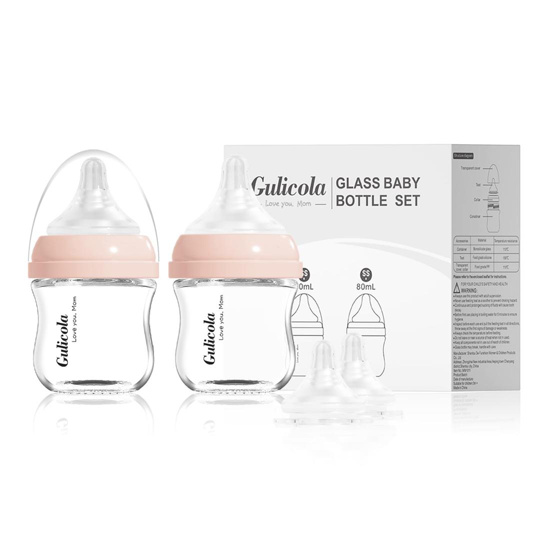 Small Glass Baby Bottle for Newborn Breastfeeding Babies, Preemie & Extra Slow Flow Nipples (SS), Anti-Colic, Breast-Like, 0 Months+, 3 oz, 2 Pack - Pink