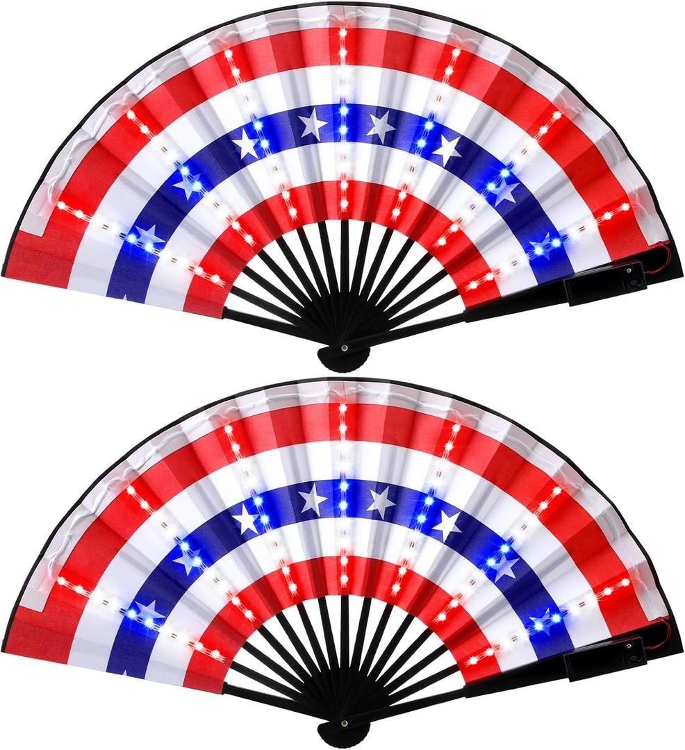 Roowest 2 Pcs 4th of July Patriotic Light up American Flag Fan Handheld LED Fabric Glowing Chinese Folding Fan for Independence Day Parade Pride Party, Red Blue and White