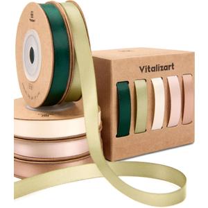 Vitalizart Ribbons for Crafts 3/8" x 50 Yd Satin Ribbon Double Face Gift Wrapping Silk Like Fabric Flower Bouquet Birthday Party Decorations Bridal Shower Wreath Hair Continuous Green Cream Nude