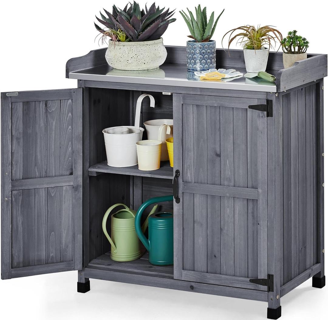 Yaheetech Garden Potting Bench Table, Outdoor Garden Horticultural Wooden Storage Cabinet & Solid Wood Planting Work Bench with Large Space Storage & Metal-Plated Tabletop, Gray