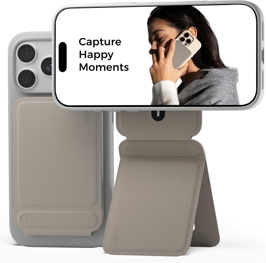 MOFT Phone Tripod Stand Selfie Stick for iPhone, Multi-Angles iPhone Stand, Lightweight & Portable Phone Holder, Strong Magnets, MOVAS Vegan Leather, Travel Essentials, Taupe (Without Card Slot)