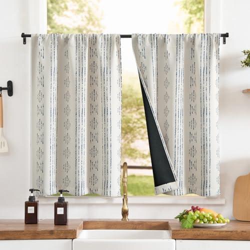 jinchan 95% Blackout Boho Kitchen Curtains 36 Inches Cafe Tier Curtains Bohemian Small Drapes for Bedroom RV Basement Half Window Room Darkening Thermal Insulated 2 Panels Blue on Beige