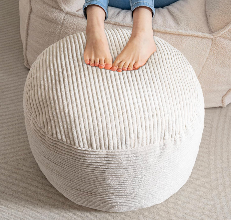 HIGOGOGO Round Stuffed Pouf Ottoman, Corduroy Poufs with Foam Chunk Filling, Furry and Fluffy Pouf Foot Stool Storage Ottoman, 20 X 15 Floor Poufs Foot Rest for Living Room, Beige