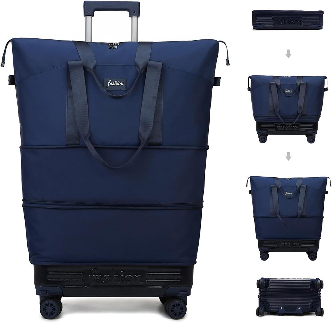 Rolling Duffle Bag with Wheels and Handle, Expandable Foldable Travel Bag - Wheeled Carry On Luggage for Weekend Trips, Large Capacity & Waterproof (Blue)