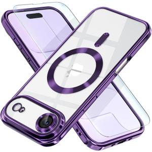 Misea Magnetic for iPhone 17 Air Case Compatible with MagSafe [Never Yellowing] [Military Grade Drop Protection] Full Camera Lens Protector Plating Soft Clear Phone Case for Women, Deep Purple