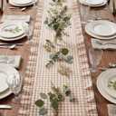 HunnmingRe 1 Pcs Brown Plaid Gingham Ruffle Table Runner 118 x 13.8'' Farmhouse Table Runner 100% Cotton Scalloped Long Dresser Scarves for Mothers Day, Dining Room, Wedding, Kitchen Rustic Home Decor