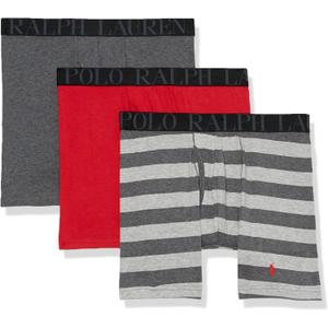 POLO RALPH LAUREN Men's Stretch Classic Fit Boxer Briefs, Trunks & Long Leg, 3-Pack, RL2000 Red/Charcoal Heather & Andover Heather Stripe/Charcoal Heather, Medium
