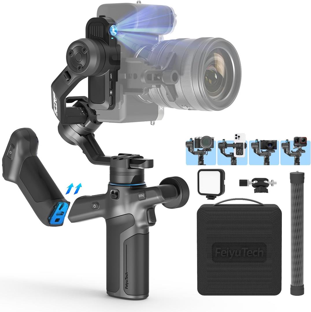FeiyuTech SCORP Mini 3 Pro Camera Gimbal Kit w/AI Tracking 4.0, Detachable Touchscreen Handle, 4.4lb Payload, Gimbal Stabilizer for Mirrorless Cameras, Smartphone, Action Cam (Bag+Light+Pole Included)
