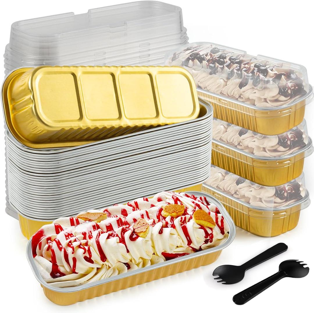 FFNIU 60Pcs Mini Loaf Pans with Lids and Spoons, Aluminum Foil Baking Pans, Rectangle Mini Cake Pan, Brownie Baking Cups for Picnics Party (Gold)
