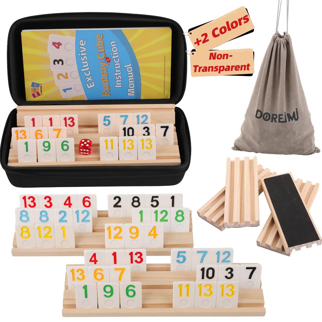 Doreimi Non-Transparent Rummy Cube Game Set 6 Players 2026-6 Colors 162 Tiles, 6 Anti-Slip Wooden Racks/Trays, Dual Storage Travel Board Game for Adults Kids, Gift for Grandparents Family Game Night