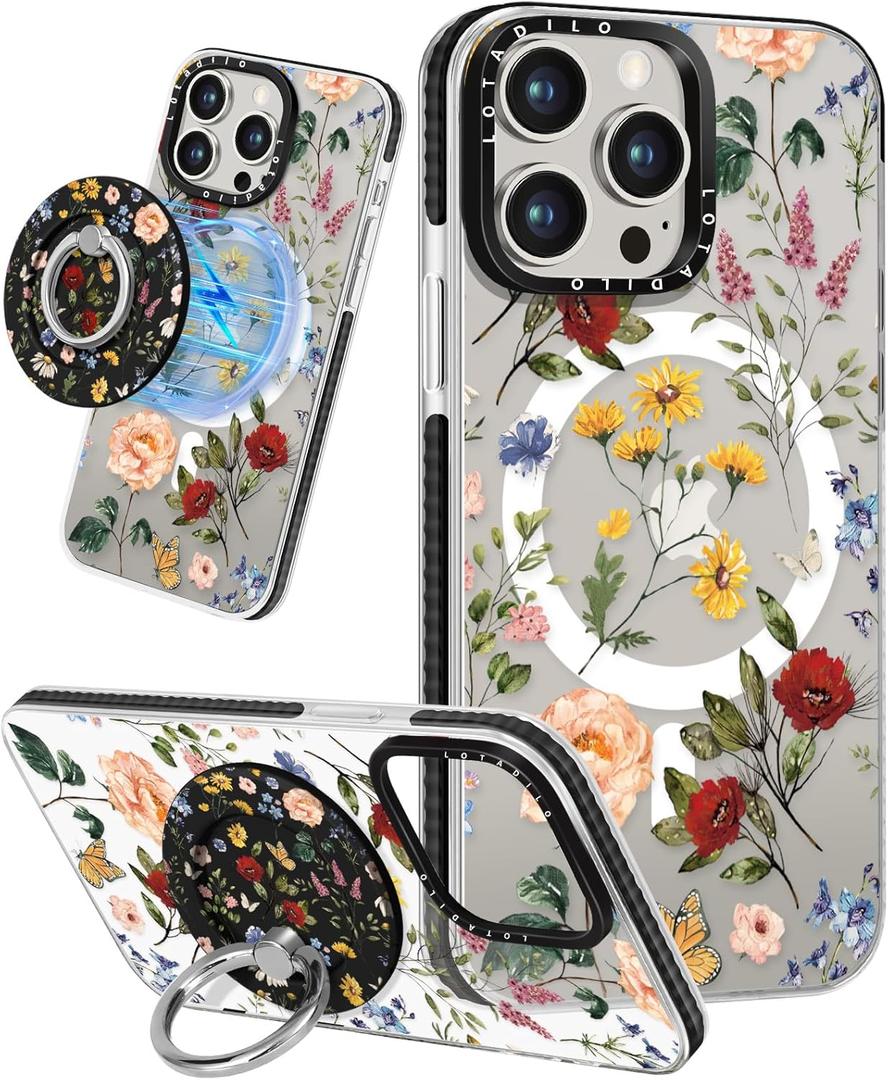 for iPhone 15 Pro Case for Women - Girls Kawaii Design Compatible with Magsafe Magnetic Ring Holder Stand Retro Flower Phone Covers Aesthetic Girly TPU Funda for 15 Pro