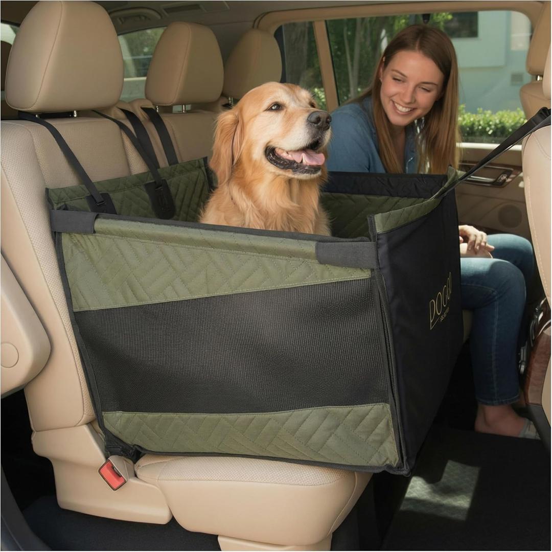 Premium Dog Car Seat & Back Seat Waterproof & Non-Slip Travel Hammock with Storage Pockets | Secure & Comfortable Pet Seat Cover for Medium Dogs Fits Cars, SUVs & Trucks (Green)