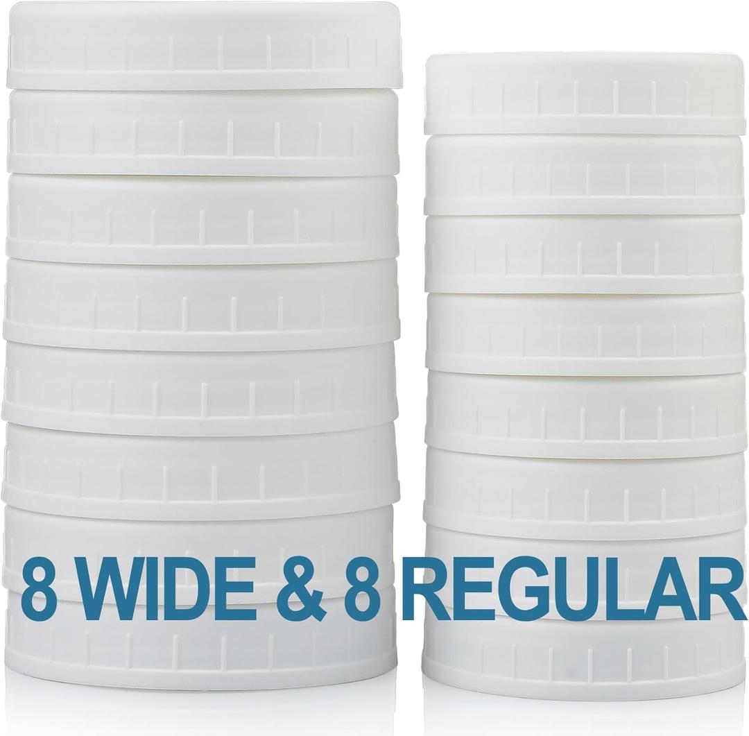 AOZITA 16-Pack Plastic Mason Jar Lids - 8 Regular Mouth and 8 Wide Mouth Jar Lids - Plastic Storage Caps for Ball, Kerr Canning Mason Jars - 100% Sealing & Dishwasher Safe & Food Grade