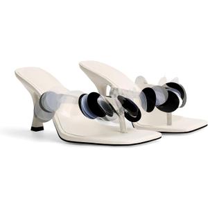 Flip Flop Heels for Women Square Open Strappy Heels Dressy Kitten Heeled Sandals with Plastic Disc Straps Comfortable Slip on Thong Slide (White, 9.5)
