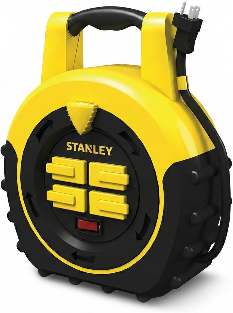 STANLEY Retractable Extension Cord Reel 20ft Portable 4 Outlet Cord Reel with On Off Switch 16/3 AWG Power Cable 125V/13A 1625W ETL Listed for Garage and Workshop