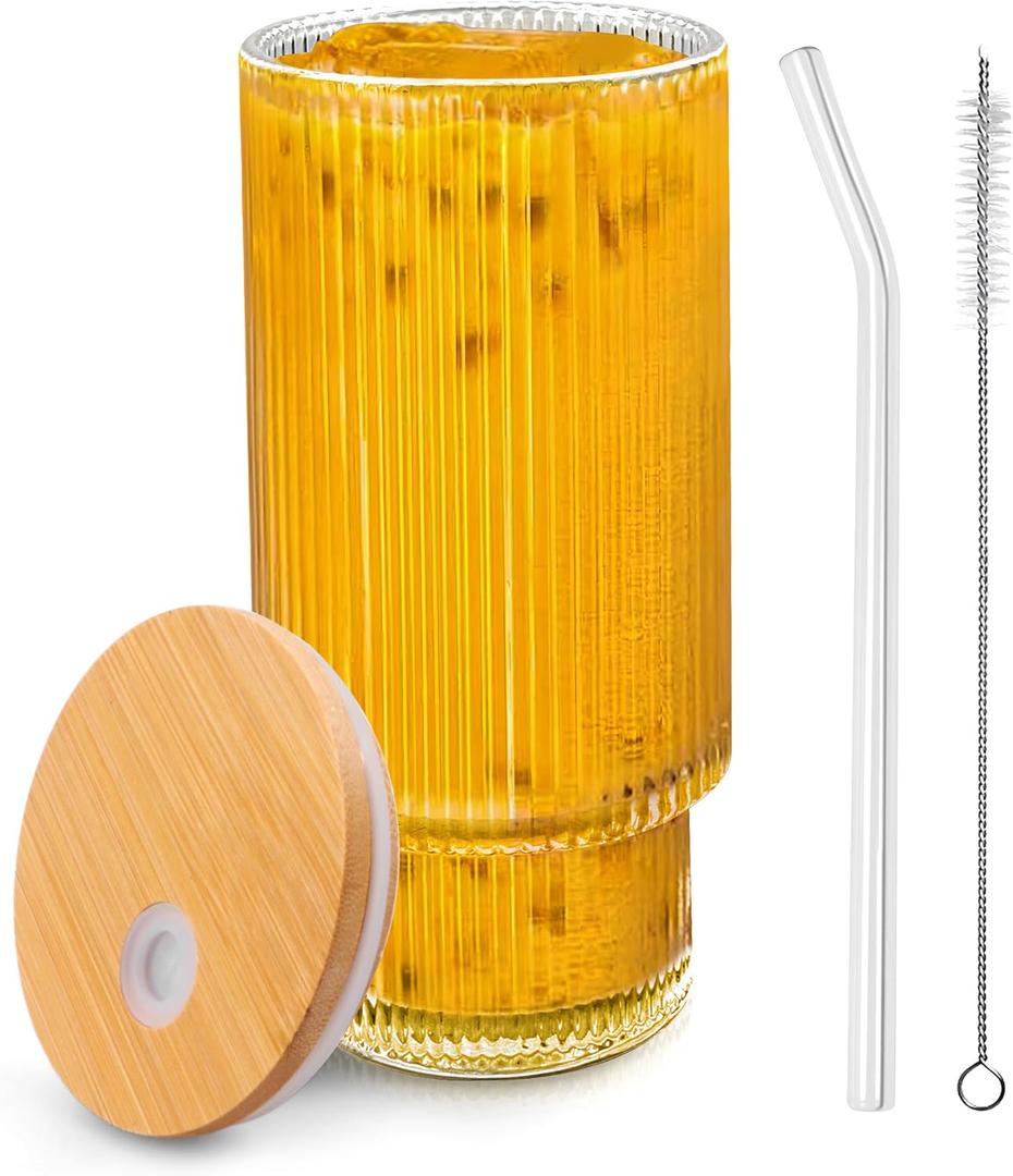 Tinaforld Glass Cups with Lids and Straws, 16 oz Glass Tumbler, Iced Coffee Cups with Lids, Ideal for Cocktail, Whiskey