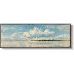 Framed Blue Landscape Canvas Wall Art, Sky Cloud Artwork for Walls, Horizontal Nature Scenery Painting Prints for Living Room, Bedroom, Home Office Wall Decor 16x48 Inch