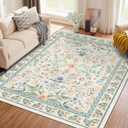 Washable Floral Area Rug 5'7' Beige Green Pink Boho Large Living Room Rug Non-Slip Soft Colorful Oriental Vintage Bedroom Carpet Dining Room Nursery Home Office Indoor Decor