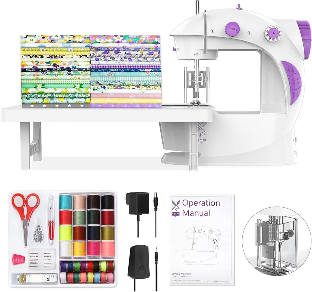 KPCB Tech Sewing Machine for Beginners [Full Set] with Finger Guard and Fabric Bundles - Mini Sewing Machine with Sewing Kits, Foot Pedal, US Adapter and Extension Table (White)