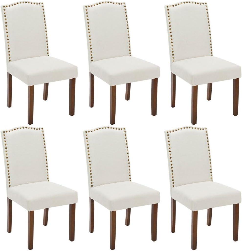 Kitchen Chairs Set of 6 Modern Upholstered Fabric Seat with Nailhead Trim and Ergonomic Lumbar Support for Living Room and Rustic Farmhouse Dining Area, Beige