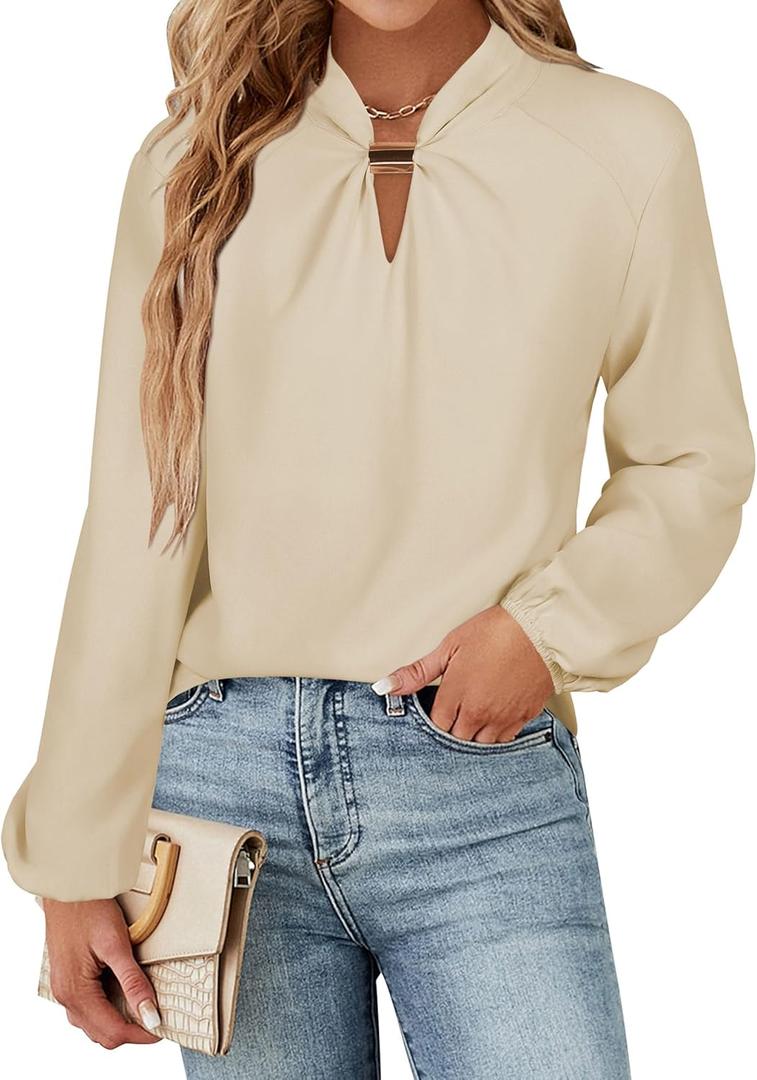 AOVDE Women's Dressy Casual Blouses Long Sleeve Trendy Fall Shirts Business Work Tops (Beige, XL)