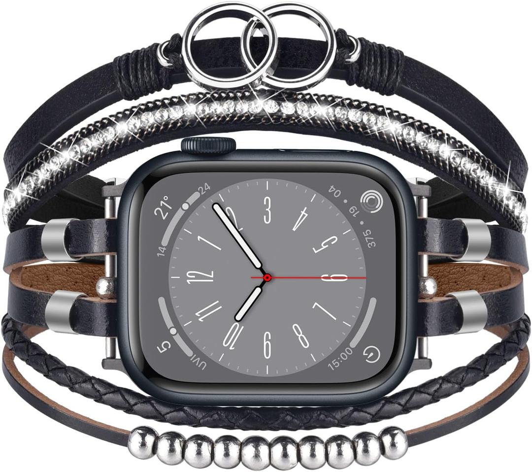 MOFREE Boho Leather Bracelet Compatible with Apple Watch Band 38mm 40mm 41mm Women, Handmade Multilayer Wrap Beaded Jewelry Apple Watch Strap for iWatch Series 10 9 8 7 6 5 4 3 2 1 Black