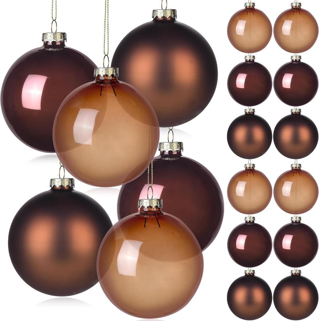 Brown Glass Christmas Ornaments - 3.15 Inch (80mm) 12 Pack, Vintage Style Tree Decorations