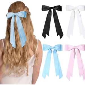 Pack of 2 4PCS Hair Bows Hair Clips, RSWETE Stain Bow Hair Ribbon for Women Girls French Barrette Ponytail Bow Clip Hair Accessories Elegant Cute (White & Black & Pink & Blue)