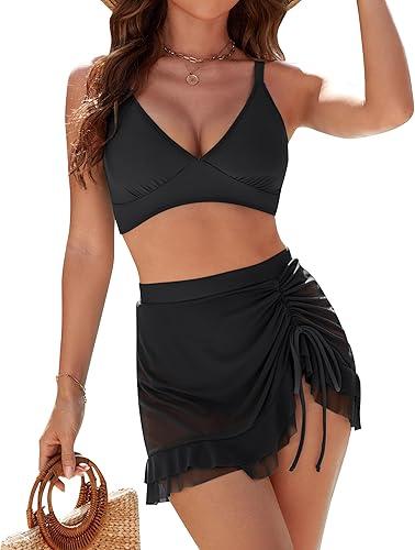 Blooming Jelly Womens Swim Skirt High Waisted Bikini Sets Tummy Control Swimsuits Mesh Sarong Wraps Bathing Suits XL
