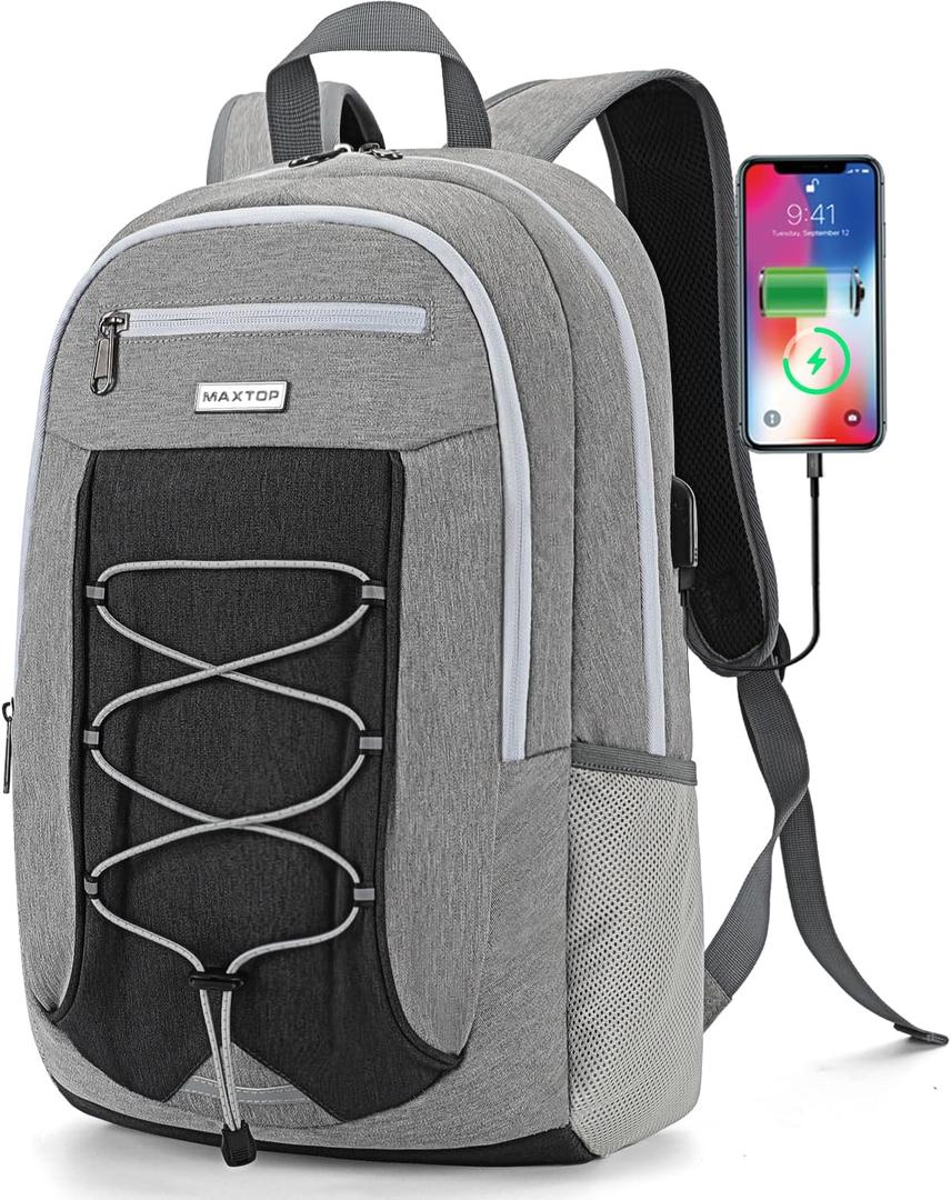 MAXTOP Travel Backpack Laptop Back Pack College Bookbag with USB Charging Port Water Resistant Work Business Backpacks (15.6 inch, Light Grey)