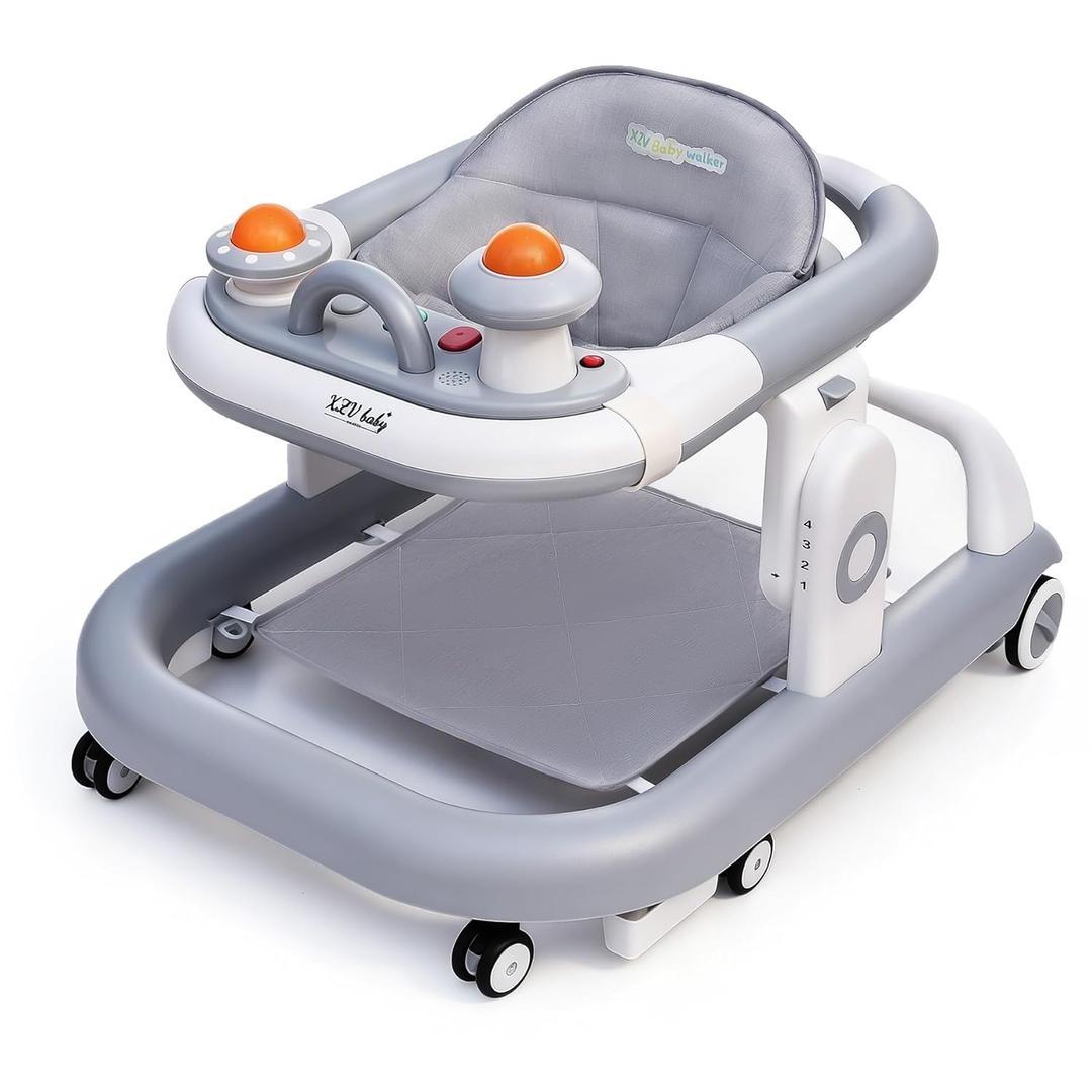 5-in-1 Baby Walker with Wheels Foldable Height-Adjustable Walker for Baby Boy 6-12 Months with Feeding Tray Multi-Functional Activity Center (Grey)