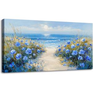 SLYCAY Extra Large Beach Canvas Wall Art, Coastal Sunset Nature Landscape Paintings Blue Flower Ocean Pictures Bathroom Wall Decor Living Room Office Bathroom Home Decor Artwork 24"X48"