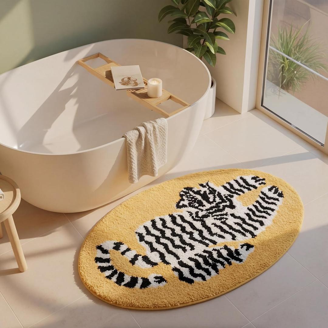 Tinideya 31 x 20 Inch Oval Tiger Bath Rug Yellow Tiger Floor Mat Soft Plush Absorbent Non Slip Bathroom Door Mat for Bathroom Shower Bedroom Living Room Animal Print Home Decoration