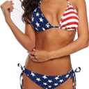 American Trends Women's String Two Piece Halter Top Triangle Bikini Set with Tie Side Bottom Sexy Swimsuit Bathing Suits (0-2/XS, 26 American Flag)