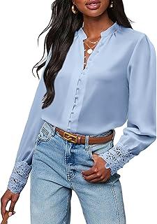 New Week Women's Button Down Shirts Lace Cuff Long Sleeve Chiffon Dressy Tops Band Collar Fall Business Casual Blouses 2025 Light Blue, Small 