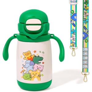 PHEENOWL 13oz Kids Insulated Water Bottle, 2-in-1 Straw & Spout Lid, with Shoulder Strap and Handle, 316 Stainless Steel Water Bottle for Toddler, Sports, Travel, and School (Green - Animals)