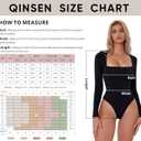 QINSEN Women's Sexy Square Neck Bodysuit Long Sleeve Double Lined Shirt Tops S