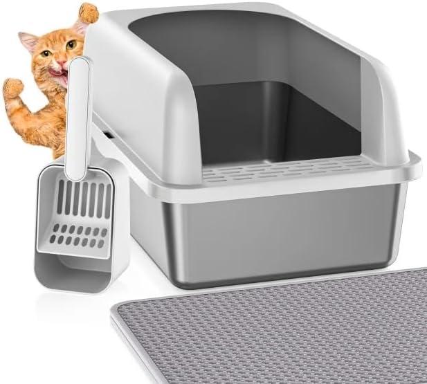 Stainless Steel Litter Box with Lid, Metal Litter Box with Cat Litter Mat, Extra Large Enclosed Cat Litter Boxes for Multiple Cats, Anti-Leakage, Non-Stick, Easy to Clean, Included Mat, Scoop (1 Pack-L)