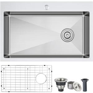 ROVOGO 24x18x9 in. Drop-in Kitchen Sink Single Bowl with Offset Drain Assembly and Bottom Grid, 304 Stainless Steel Handmade Modern Sink 1 Faucet Hole, Top Mount, Brushed