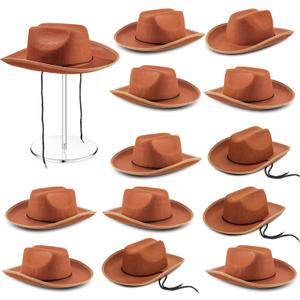 Funtery 12 Pack Kids Cowboy Hats for Halloween, Felt Western Cowboy Hat Bulk for Boys Girls Costume Dress Up Accessories(Brown)
